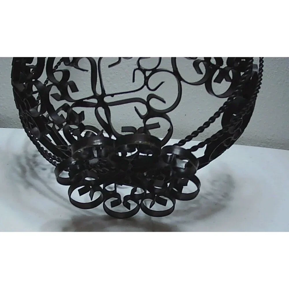 Vintage Spanish Revival Wrought Iron Basket Black Metal Scroll Art Footed
